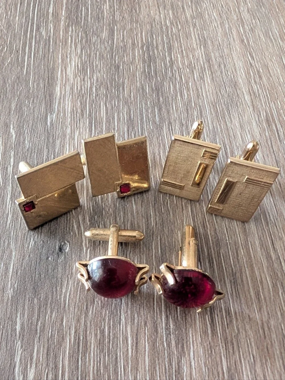 Vintage Lot Of 3 Swank Gold Tone Cufflink Sets with Deep Red Cabochon Accents